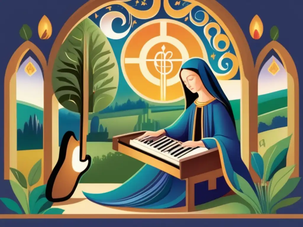 En una abadía medieval, Hildegard von Bingen compone música rodeada de exuberante vegetación, iluminada por una suave luz etérea