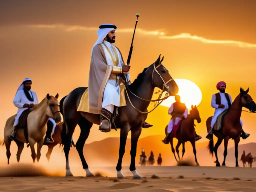 Abdulaziz Ibn Saud, unificador de Arabia, en atuendo tradicional, rodeado de leales jinetes al atardecer en el desierto
