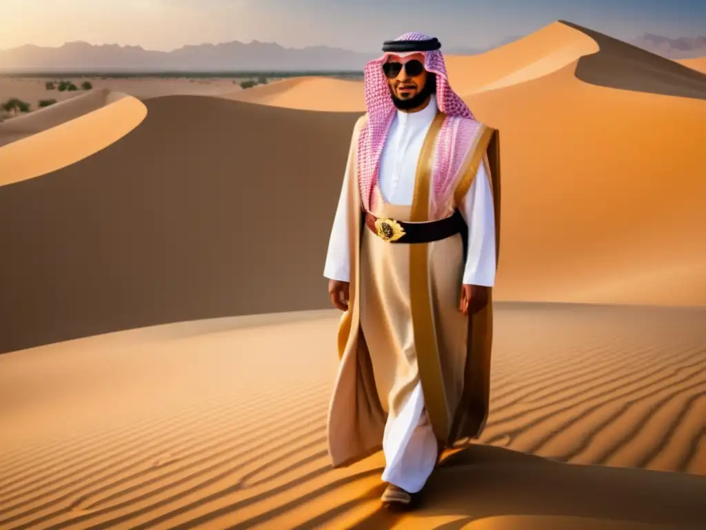 Abdulaziz Ibn Saud, unificador de Arabia, destaca en la majestuosa imagen del desierto, irradiando poder y liderazgo bajo el cálido sol del cielo azul