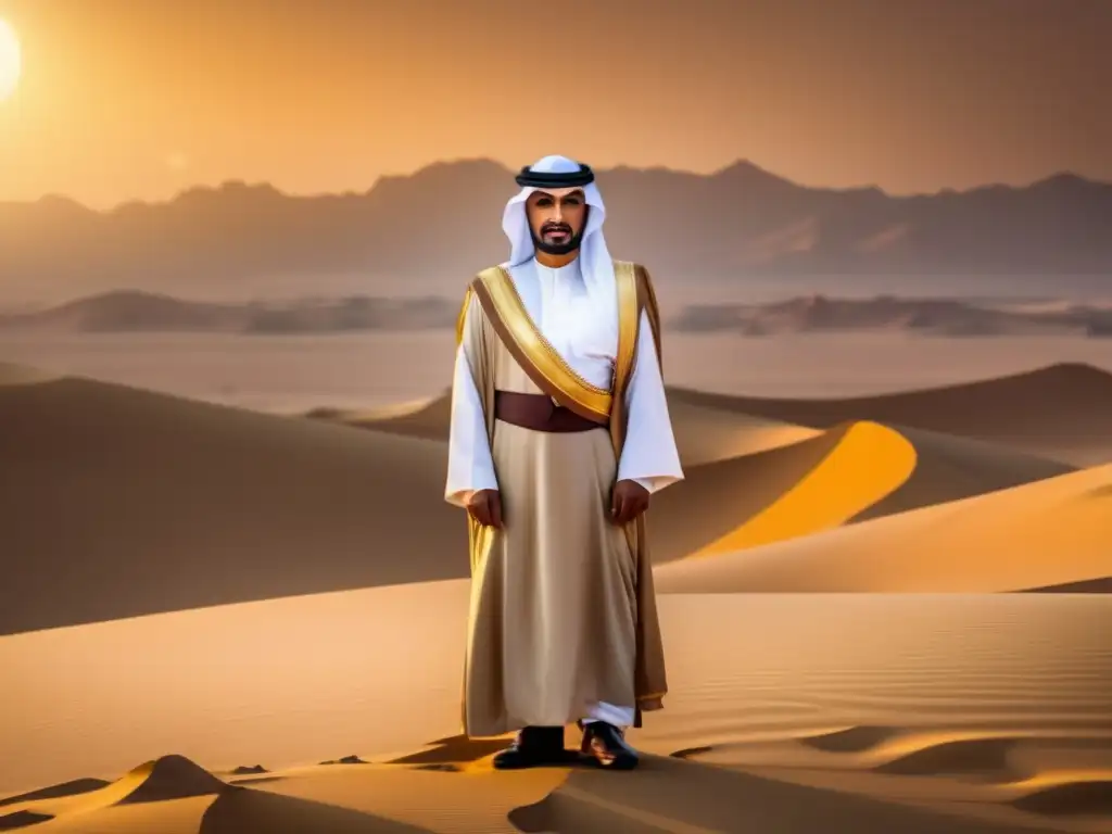 Abdulaziz Ibn Saud unificador de Arabia, retratado con orgullo en atuendo tradicional en el vasto desierto, irradiando determinación y liderazgo