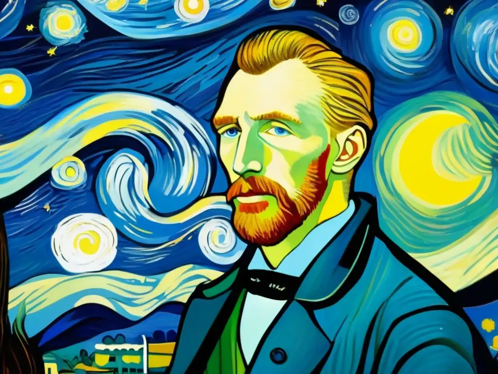 Un acercamiento detallado de la icónica pintura 'La noche estrellada' de Vincent van Gogh, con sus vibrantes colores y pinceladas intrincadas