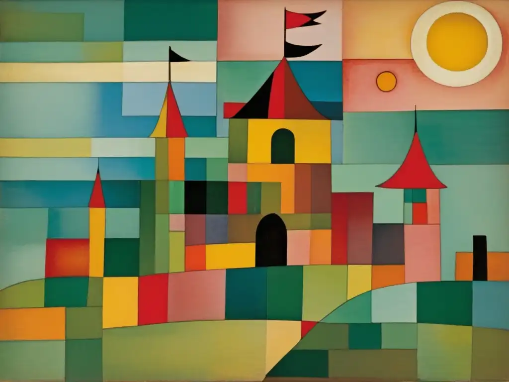 Un acercamiento detallado de la pintura 'Castillo y Sol' de Paul Klee, con formas geométricas, colores vibrantes y pinceladas juguetonas