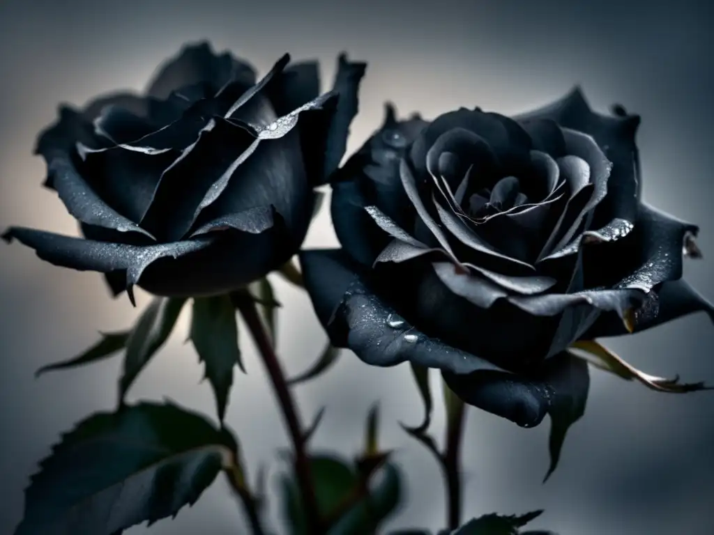 Un acercamiento de rosas negras marchitas con un aura melancólica, inspirado en 'Les Fleurs du mal' de Charles Baudelaire