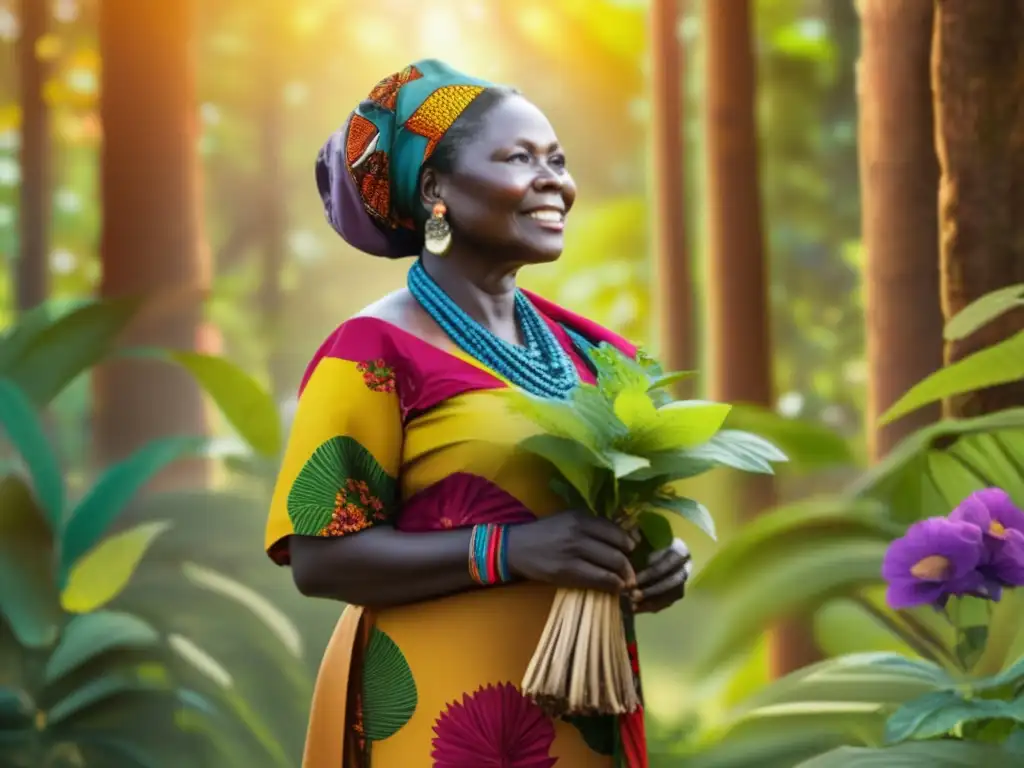 Wangari Maathai, activista ambiental, planta un árbol en un exuberante bosque africano, irradiando determinación y esperanza