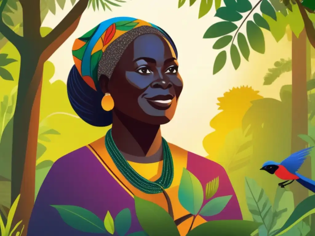 Wangari Maathai activista ambiental, retratada en un exuberante bosque, sosteniendo un pequeño árbol y con determinación en su rostro