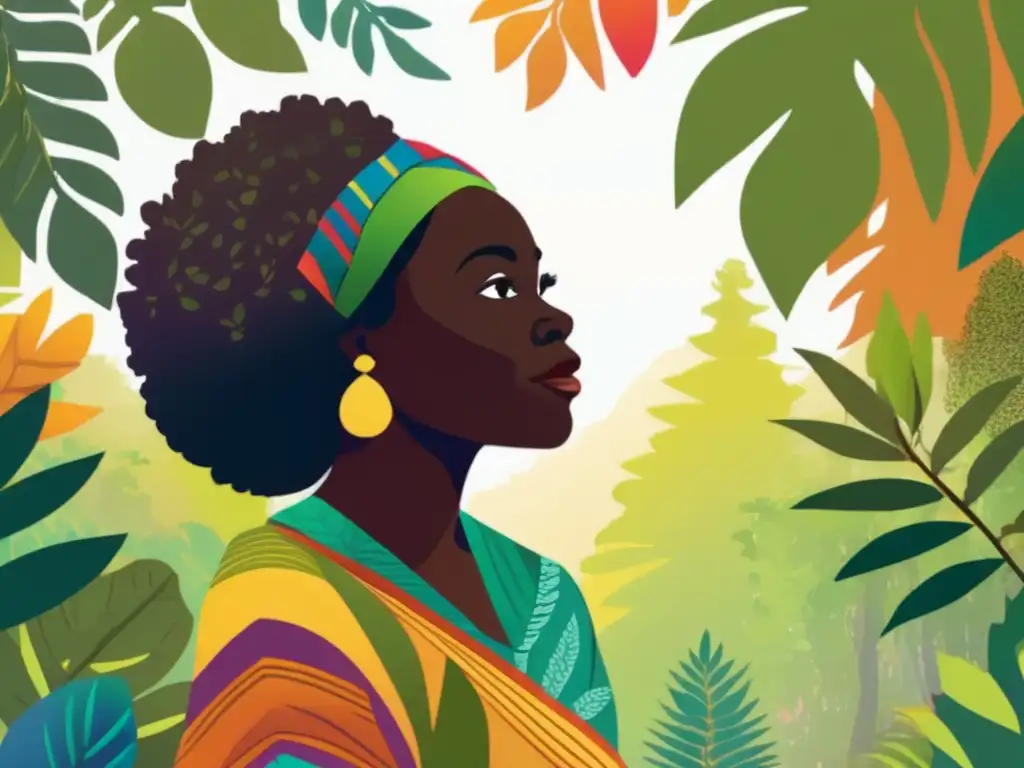 Biografía de Wangari Maathai activista ambiental disfruta de la serenidad del exuberante bosque, rodeada de árboles imponentes y flora colorida