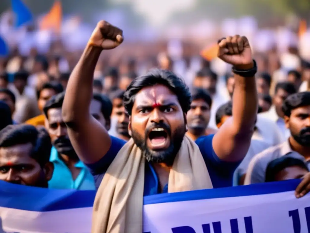 Un activista por los derechos Dalits India, con el puño en alto, lidera una multitud enérgica en una protesta