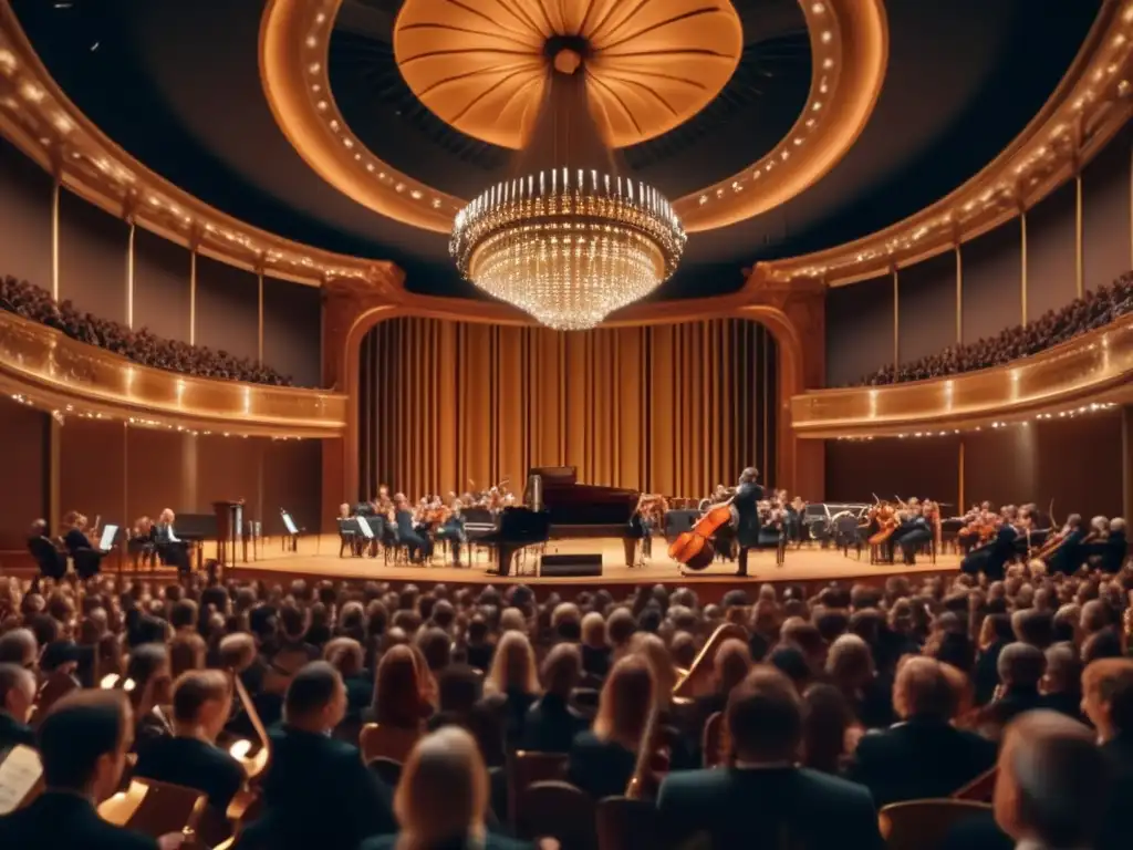 Una actuación apasionada de la 'Pequeña serenata nocturna' de Mozart por una orquesta en una majestuosa sala de conciertos