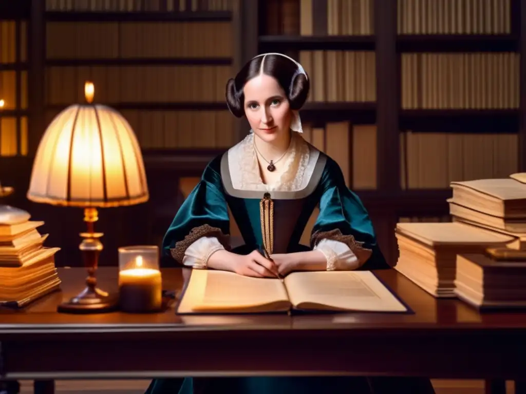 Ada Lovelace, profetisa de la computación, inmersa en cálculos y diagramas, rodeada de instrumentos científicos y luz de velas