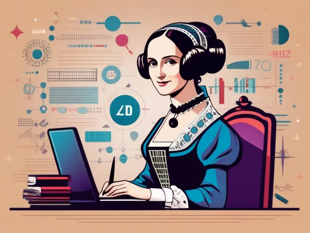 Ada Lovelace, pionera de la programación, rodeada de ecuaciones y código, en una ilustración moderna y colorida