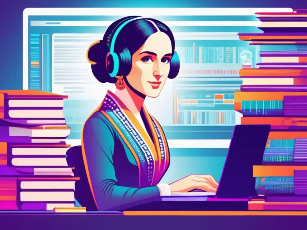 Ada Lovelace, pionera de la programación, rodeada de libros y papeles, frente a una pantalla con algoritmos