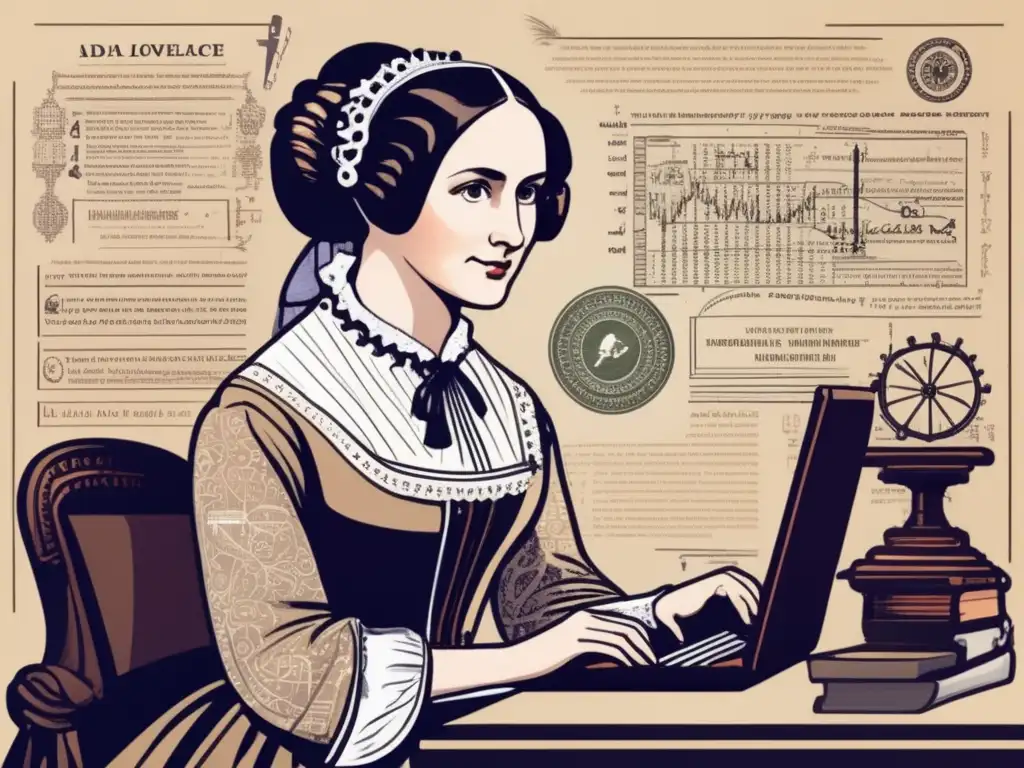 Ada Lovelace, pionera de la programación, se concentra en su escritorio rodeada de ecuaciones y bocetos, vistiendo un elegante vestido victoriano