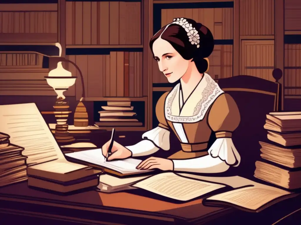 Ada Lovelace primera programadora historia, ilustración digital moderna de Ada concentrada en su escritorio, rodeada de papeles y una computadora temprana, bañada en cálida luz, reflejando su determinación e inteligencia pionera