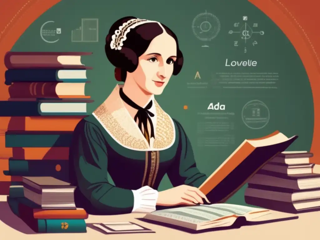 Ada Lovelace primera programadora de la historia, inmersa en cálculos matemáticos rodeada de libros en una ilustración digital de alta resolución