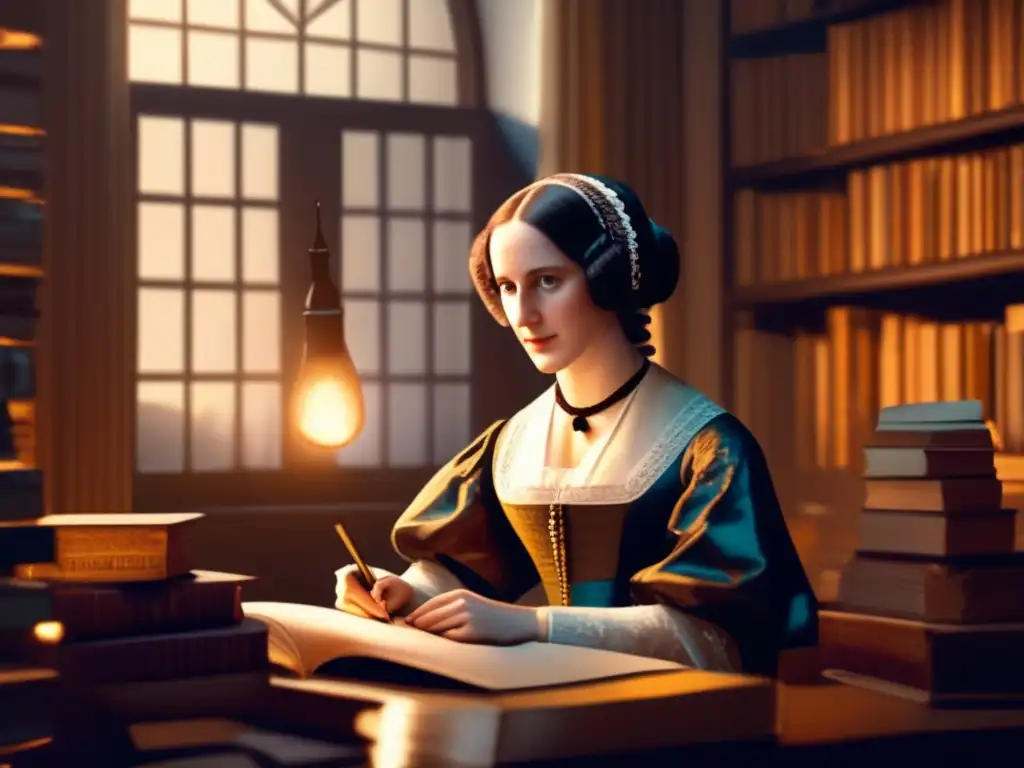 Ada Lovelace primera programadora histórica, inmersa en su trabajo rodeada de libros y papeles, con una expresión determinada y una máquina de cálculo frente a ella