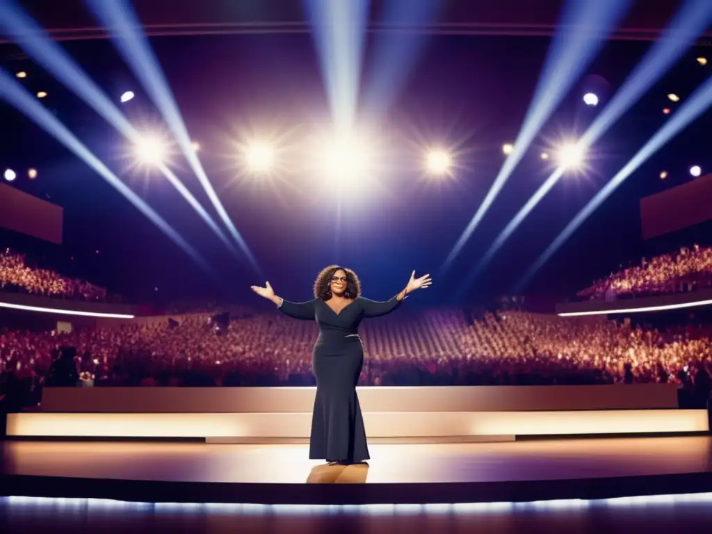 Oprah Winfrey triunfa sobre la adversidad en escenario, inspirando a una multitud con su carisma y determinación