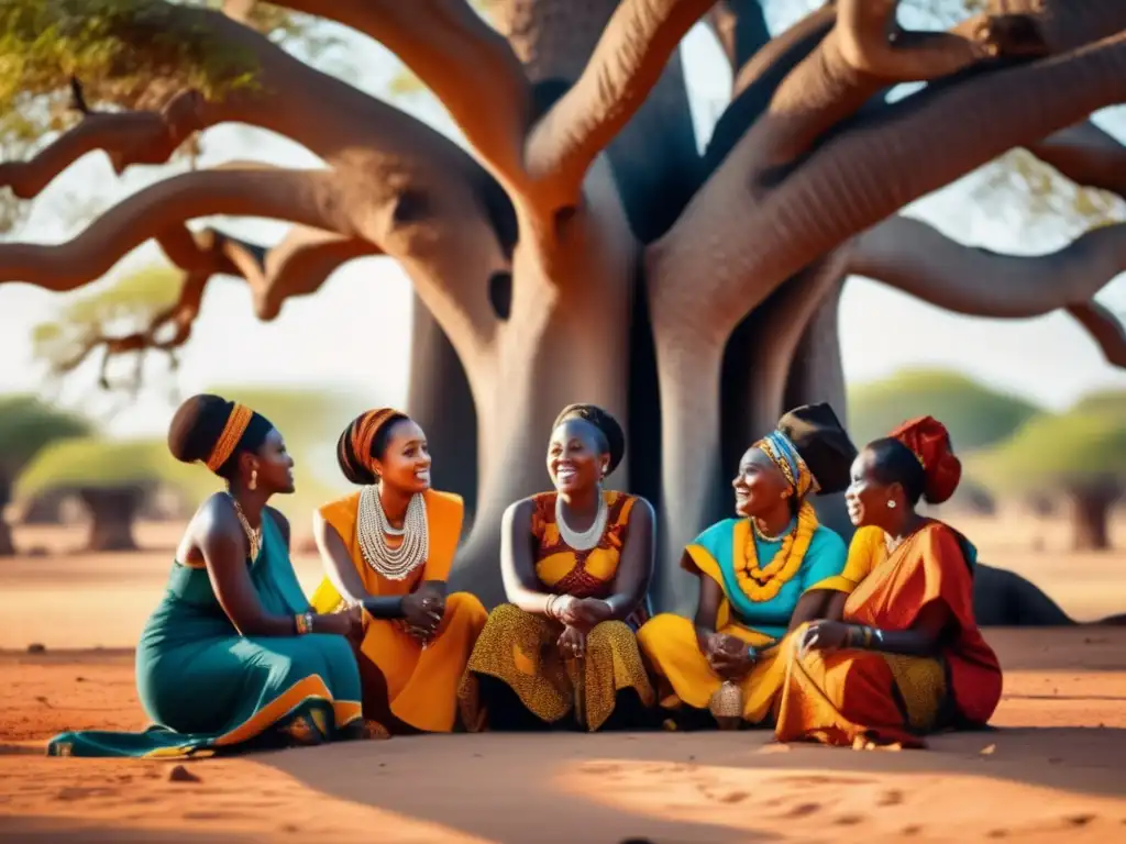 Bajo un baobab, mujeres africanas visten atuendos tradicionales, inmersas en profunda reflexión