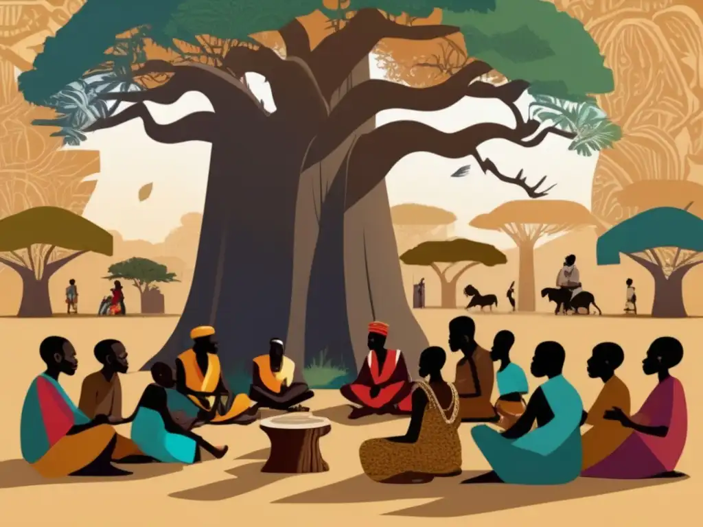 Bajo el baobab, filósofos africanos discuten la filosofía política de Patrice Lumumba, rodeados de sabiduría ancestral y símbolos culturales