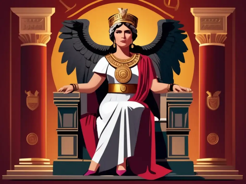 En la ilustración, Agripina la Menor irradia poder y majestuosidad en su trono, rodeada de símbolos de influencia romana