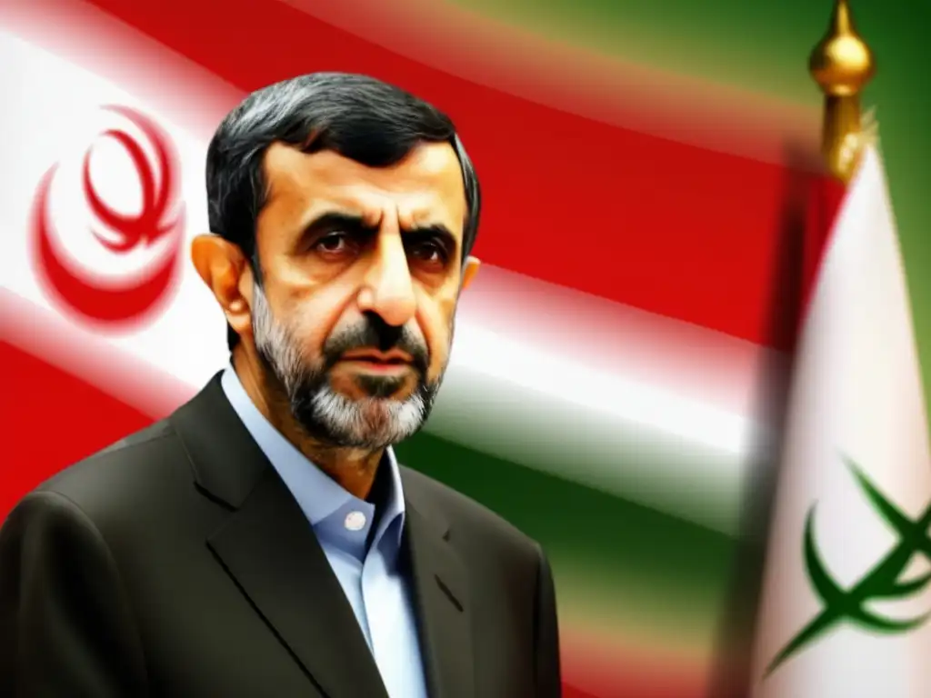 Mahmoud Ahmadinejad, presidente de Irán, irradia determinación y liderazgo frente a la bandera iraní