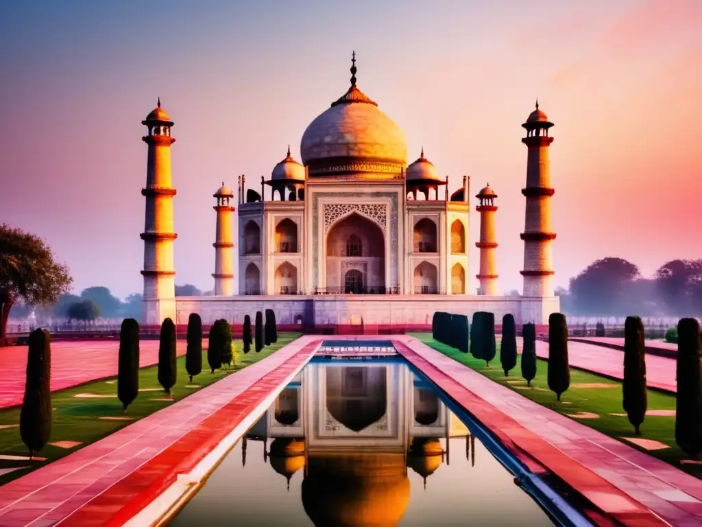 Majestuosidad del Taj Mahal al atardecer: imagen aérea Desde el aire, el atardecer ilumina el Taj Mahal, reflejándose en el agua tranquila, resaltando los detalles de las intrincadas decoraciones