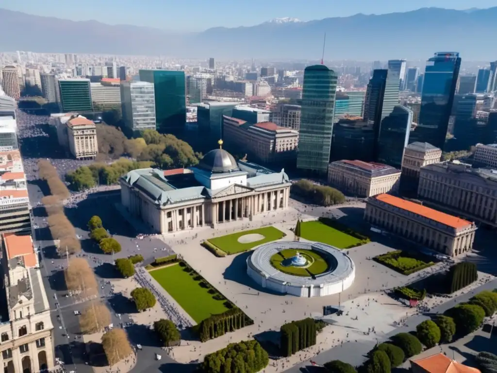 Desde el aire, la Plaza de la Constitución en Santiago, Chile, muestra la reconciliación en Chile bajo el liderazgo de Patricio Aylwin