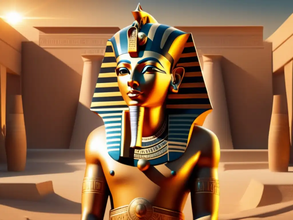 Akhenaton en un patio soleado, con efecto 8k, rodeado de arquitectura detallada y el resplandor cálido del sol