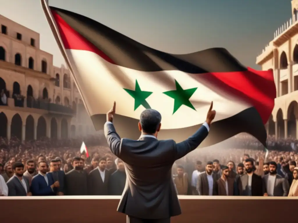 Hafez al-Assad pronuncia un discurso poderoso frente a una multitud, exudando autoridad y confianza