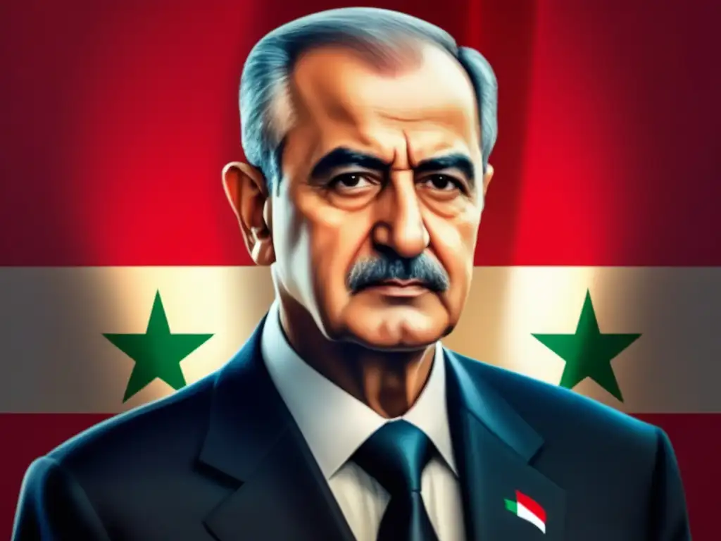 Hafez al-Assad, ex presidente de Siria, en pose poderosa y determinada, con la bandera siria de fondo