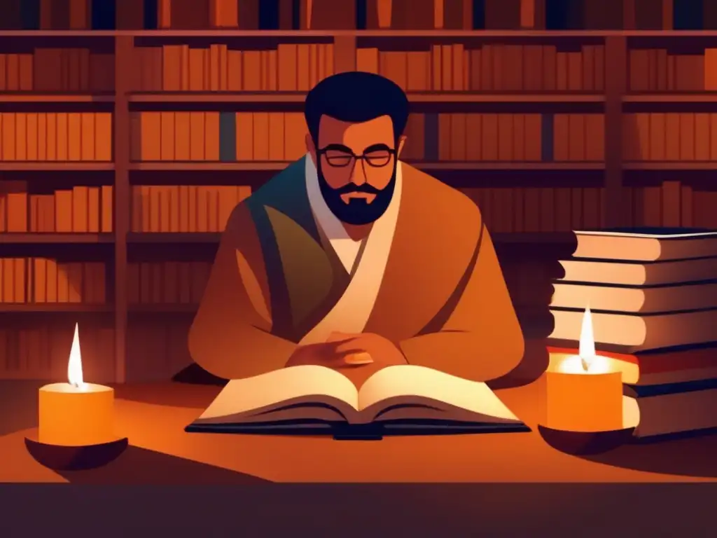 Hasan alBasri inmerso en la contemplación rodeado de libros antiguos y pergaminos, iluminado por la suave luz de las velas