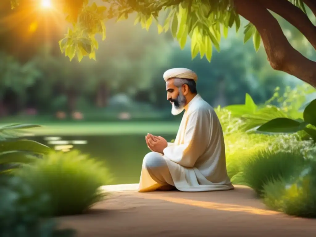 Hasan alBasri medita en un jardín sereno, inspirando el pensamiento islámico