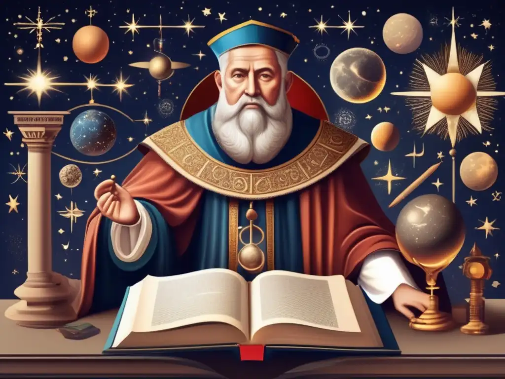 Albertus Magnus, Santo Patrón Científicos Naturales, rodeado de textos antiguos y símbolos alquímicos, en pose académica
