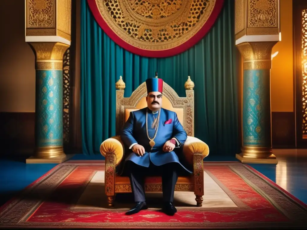 Naser al-Din Shah Qajar, monarca persa, se sienta en un trono majestuoso en un palacio decorado con colores vibrantes y detalles ornamentales