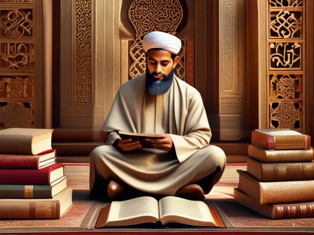 AlGhazali reflexiona rodeado de antiguos textos islámicos, con toques modernos que simbolizan su influencia en el Islam