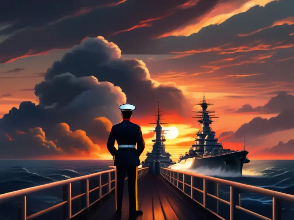 El almirante Yamamoto en la cubierta de un acorazado, mirando hacia el horizonte en una escena de estrategia sorpresa en Pearl Harbor