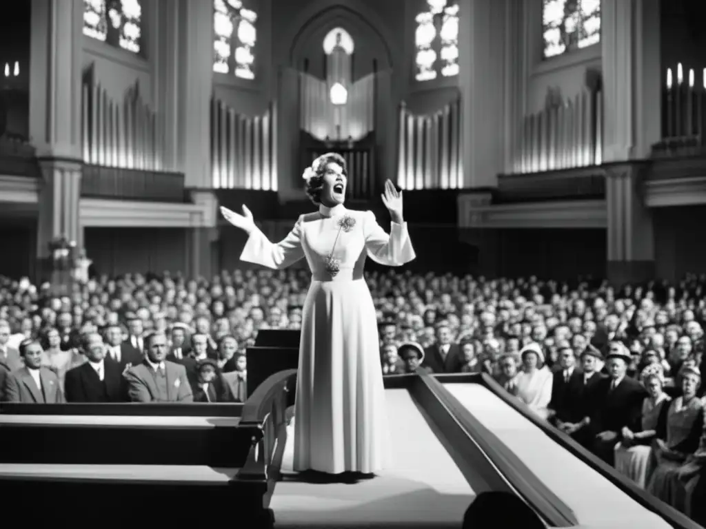 En el altar de un majestuoso templo, Aimee Semple McPherson lidera su imperio mediático religioso con carisma y pasión