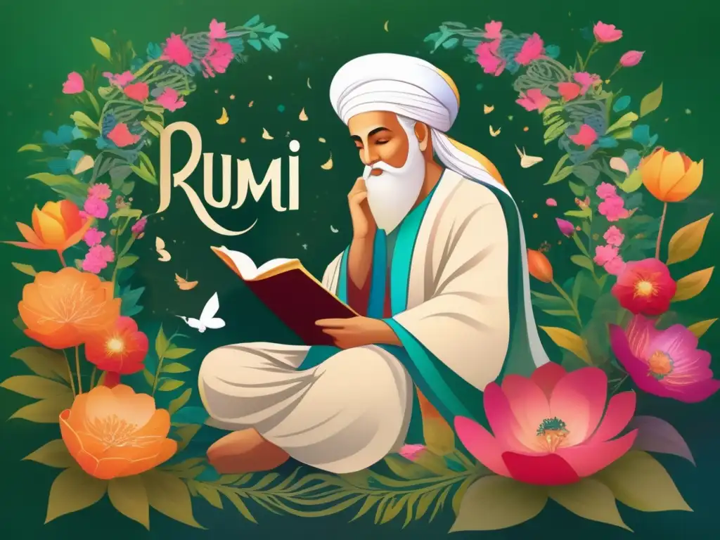 En esta altaresolución, Rumi reflexiona en un exuberante jardín, rodeado de flores vibrantes y caligrafía que forma versos de su poesía