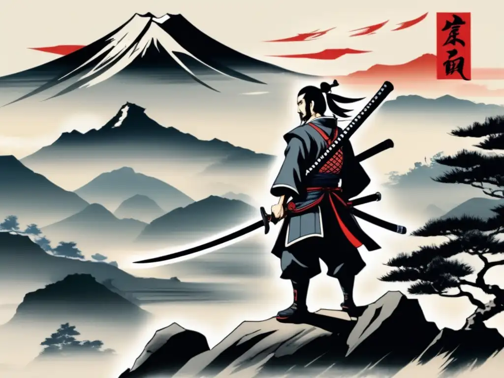 Desde lo alto de un acantilado, Miyamoto Musashi, con sus espadas gemelas, contempla sereno la majestuosidad de la naturaleza