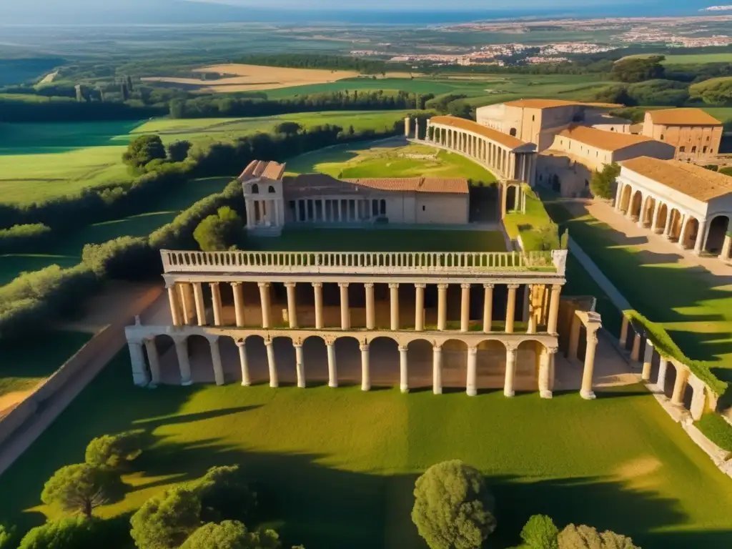 Ruinas romanas: legado eterno y resiliencia en la fe Desde lo alto, antiguas ruinas romanas iluminadas por el sol proyectan sombras sobre la arquitectura