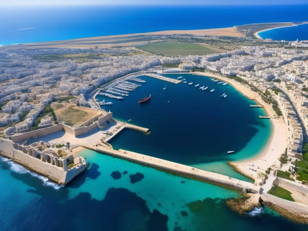 Desde lo alto, se observa el bullicioso puerto fenicio de Tiro en el Mediterráneo, con sus barcos mercantes y pesqueros