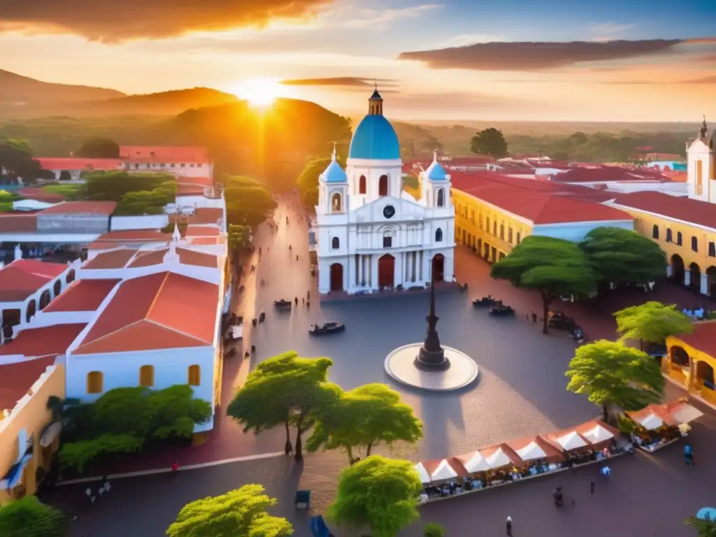 Desde lo alto, una ciudad colonial con calles empedradas, edificios históricos y una plaza central rodeada de exuberante vegetación