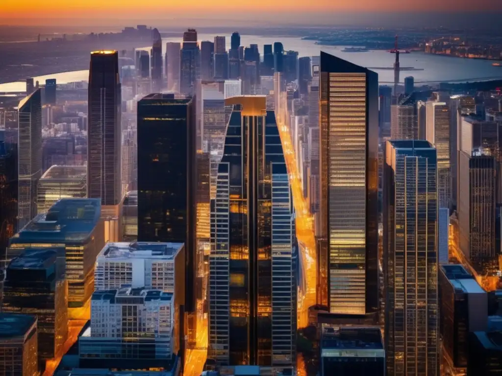 Desde lo alto, la ciudad moderna se baña en el cálido resplandor del atardecer, reflejando en sus rascacielos el progreso urbano