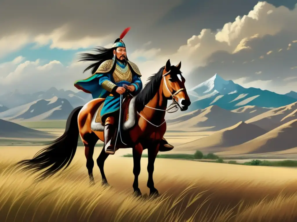 Desde lo alto de una colina, Genghis Khan y su caballo dominan el paisaje del Imperio Mongol con determinación y poder