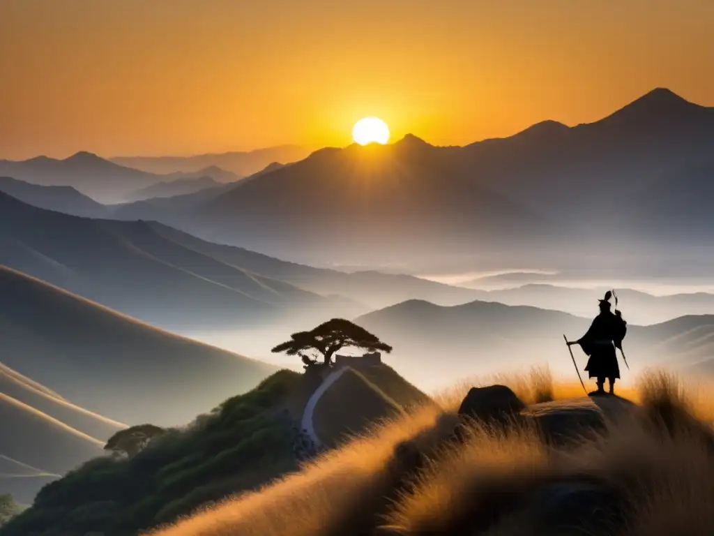 Desde lo alto de la colina, Sun Tzu contempla estrategias de liderazgo mientras el sol ilumina el valle neblinoso