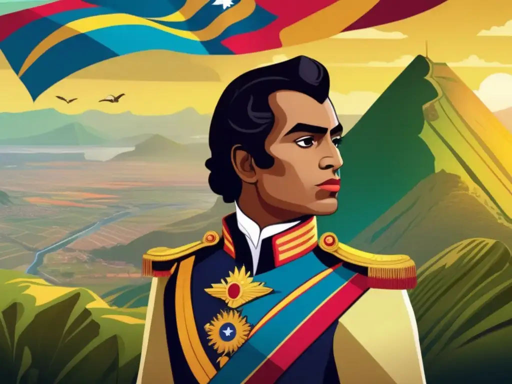 Desde lo alto de la colina, Simón Bolívar contempla con determinación la vasta tierra de Sudamérica
