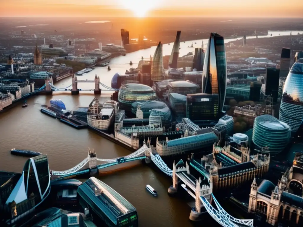 Desde lo alto, el distrito financiero de Londres brilla con el reflejo dorado del atardecer