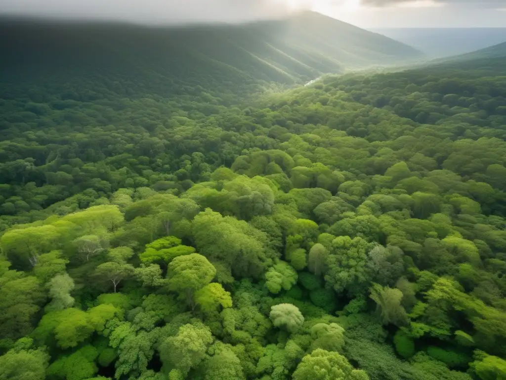 Desde lo alto, un exuberante bosque muestra la diversidad de su dosel y la luz solar filtrándose a través de las hojas
