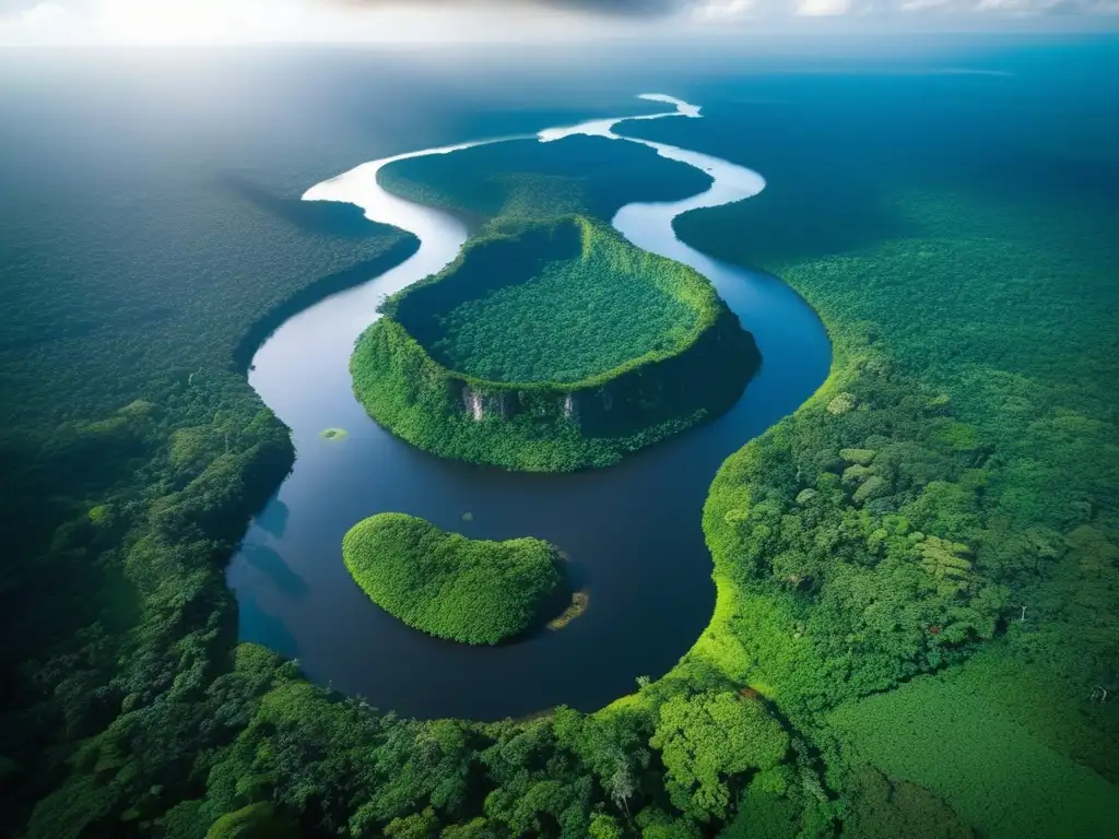 Desde lo alto, la exuberante selva del Amazonas se despliega, con el sol creando juego de luces y sombras