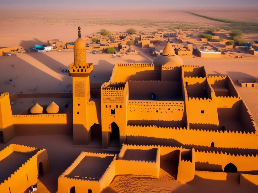 Desde lo alto, la majestuosa ciudad de Timbuktu se despliega con su arquitectura de barro, mercados bulliciosos y la mezquita Djinguereber