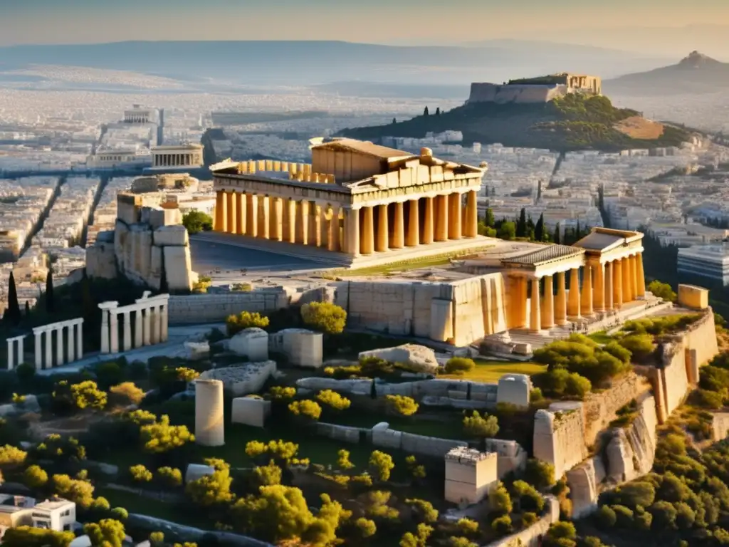 Desde lo alto, la majestuosidad de la Acrópolis en Atenas, Grecia, con el imponente Partenón y ruinas antiguas